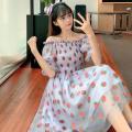 Strawberry Dress Women French Style Lace Chiffon Sweet Dress Casual Puff Sleeve Elegant Printed Kawaii Dress Women 2022 New. 