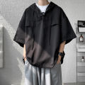 5 Colors Summer Hooded T shirt Men Korean Half Sleeve Pullover Streetwear Loose T-shirt Tops Drawstring Men Clothing 5XL-M. 