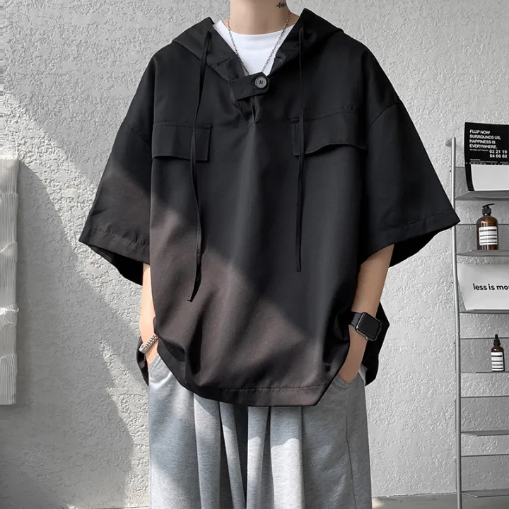 5%20Colors%20Summer%20Hooded%20T%20shirt%20Men%20Korean%20Half%20Sleeve%20Pullover%20Streetwear%20Loose%20T-shirt%20Tops%20Drawstring%20Men%20Clothing%205XL-M%20-%20Image%207