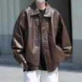 Hong Kong Style Leather Jacket Men Loose Fitting Men's Clothing Trendy Brand PU with Lapel Collar Coats Spring Autumn Seasons.