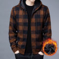 Men Sweater Jacket Fashion Winter Coat Fleece Hoodies High Quality Luxury Checkered Hooded Knit Cardigan Male Outer Wear.