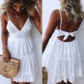 Women Summer Dress Sexy Lace Bow Backless V-neck Mini Beach Dresses Sleeveless Mini Ruffle White Dress Woman Summer 20. 