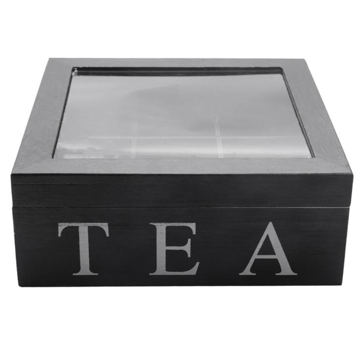 Wooden 9 Grids Tea Box Tea Bags Container Storage Box Square Gift Box Case Transparent Top Lid Jewelry Storage Box