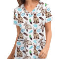Women Easter Bunny Print Nursing Uniform Scrub Short Sleeve T-Shirt Tops For 2023 Easter Home Party Accessories.