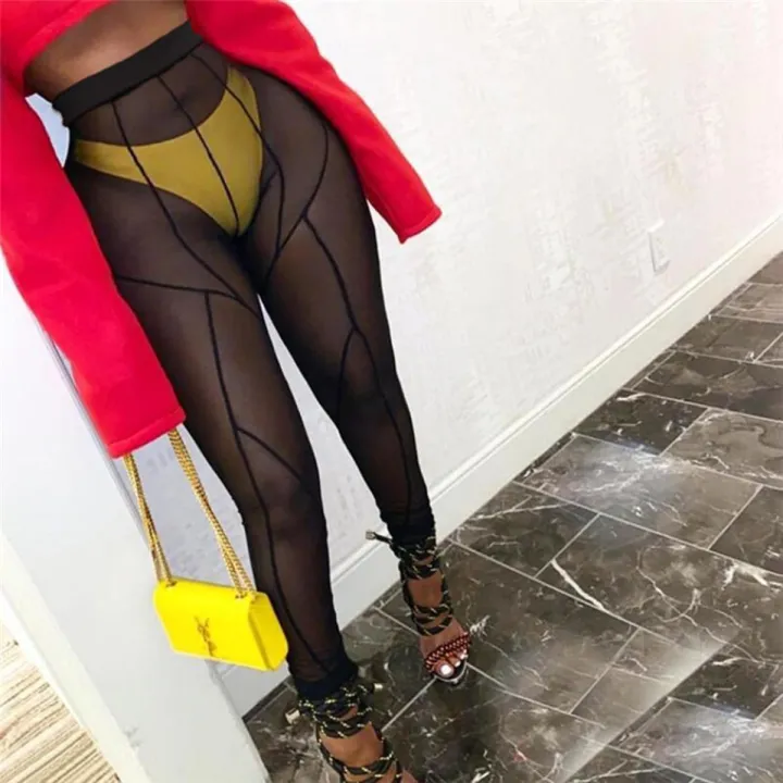 Mesh See Through women's pants vetement femme High Waist Patchwork Sheer Leggings Body-shaping Baddie Style Skinny Trousers