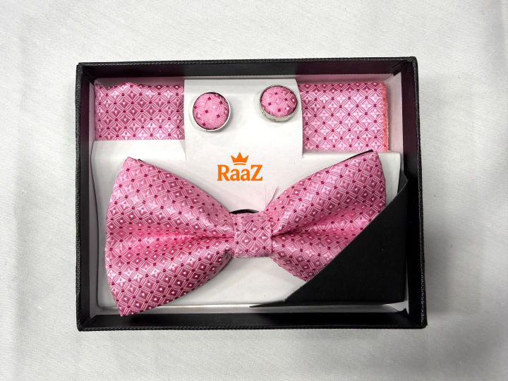 Pink Men’s Bow Tie Gift Combo with Pocket Square and Cufflinks