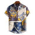 Vintage Men's Shirts Ethnic Style Printing Lattice Casual Streetwear Stand Collar Short Sleeve Loose Hawaiian Shirt Mens Summer.