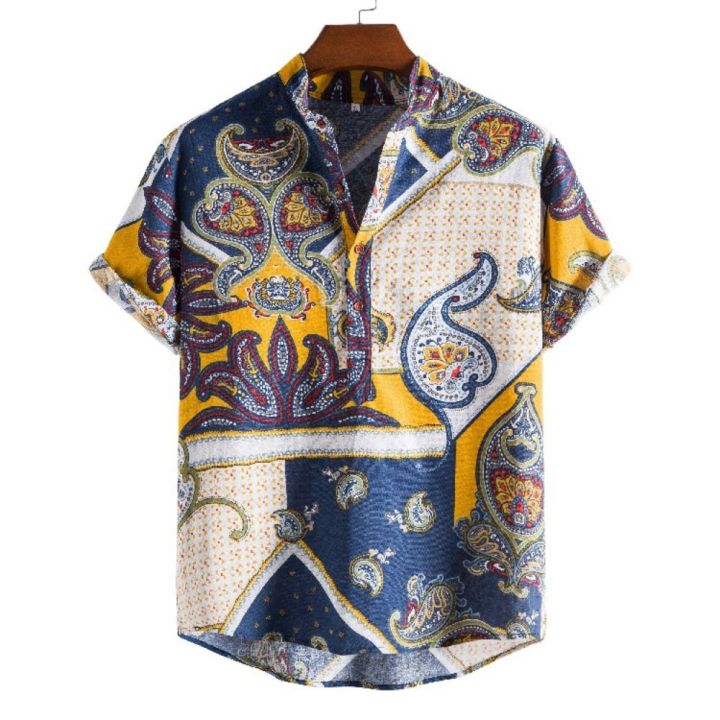 Vintage%20Men's%20Shirts%20Ethnic%20Style%20Printing%20Lattice%20Casual%20Streetwear%20Stand%20Collar%20Short%20Sleeve%20Loose%20Hawaiian%20Shirt%20Mens%20Summer%20-%20Image%203
