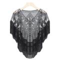 Women 1920s Sequined Shawl with Tassels Beaded Pearl Fringe Solid Color Sheer Mesh Wraps Gatsby Flapper Bolero Cape Cover Up. 
