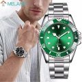Men Business Casual Green Dial Watches / Stainless Steel Luminous Chronograph Quartz Watch / Luxury Simple Wristwatches.