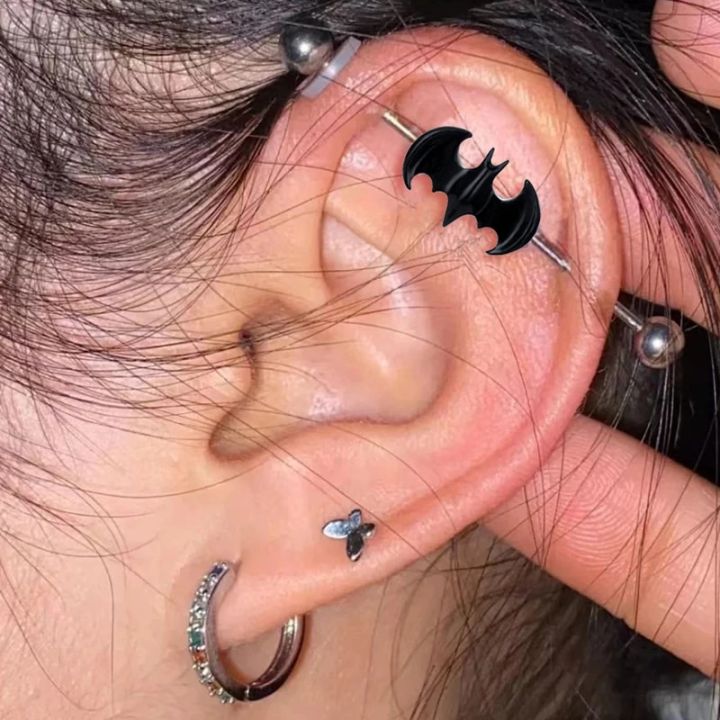 Black Bat Industrial Piercing Barbell Earrings for Women Men 1PC