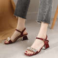 Large plus fat one line high-heeled sandals for women 2021 new square head rhinestone thick open toe middle heel small size women's shoes. 