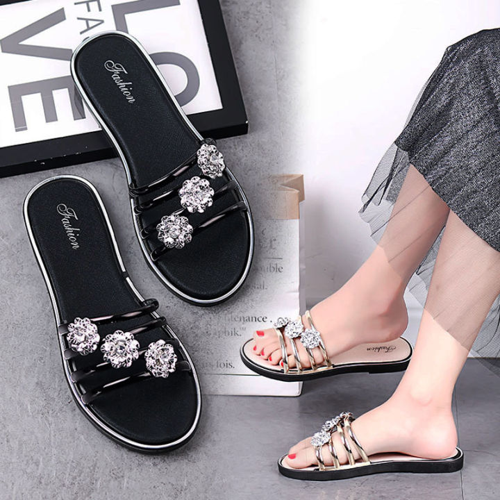 Slippers Women's 2024 New Wear Summer Semi-Slippers Fashion Flower Beach Shoes Sandals Flat Casual Flip-Flops