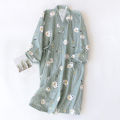 Japanese kimono spring and autumn new ladies night gown 100% cotton gauze robe pajamas flower love bathrobe mid-length home gown. 