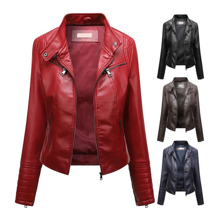 Women%20Faux%20Leather%20Jacket%20Stylish%20Women's%20Slim%20Fit%20Faux%20Leather%20Jacket%20with%20Stand%20Collar%20Long%20Sleeves%20Zipper%20Placket%20for%20Thin%20-%20Image%202