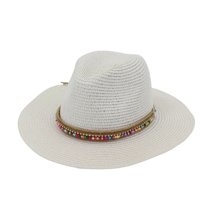 【beauty code store】Summer Paper Straw Hat for Women Lady Flat Brim Fedora Panama Cap Ribbon Decoration Holiday Beach Hats