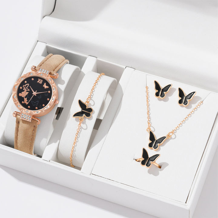 LooKeo%20Mall%206pcs%20Women%20Butterfly%20Quartz%20Watches%20Fashion%20Casual%20Bracelet%20Ring%20Necklace%20Watch%20Set%20-%20Image%202