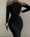Rhinestone Contrast Mesh Long Sleeve Glitter Bodycon Dress Mock Neck Sheath Dresses for Women Elegant Long Dresses Autumn.