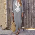 Women’s Printed Long Sleeve V-neck Dress Split Hem Baggy Kaftan Long Dress.