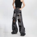Men's Distressed Beggar Hole Hip-hop Baggy Jeans Y2k Streetwear Wide Leg Straight Loose Denim Cargo Pants. 