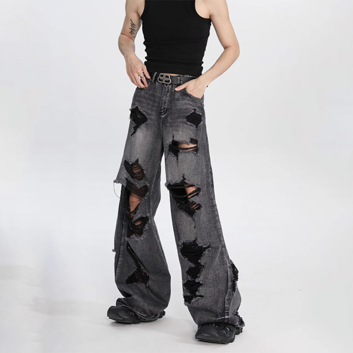 Men's Distressed Beggar Hole Hip-hop Baggy Jeans Y2k Streetwear Wide Leg Straight Loose Denim Cargo Pants