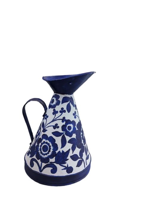 Metal flower vase.white,blue combo,acrylic painting on white vase easily can suit your wagon,living room,office etc decoration.measurment 10" long.( price without flower)