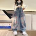 New 2024 Spring Teenagen Girls Jeans Stars Love Towel Embroidered wide Leg Long pants Baggy Denim Trousers for 4-13yrs Kids Girl. 