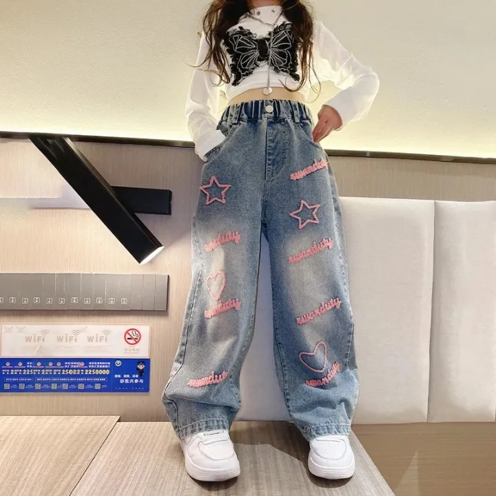 New%202024%20Spring%20Teenagen%20Girls%20Jeans%20Stars%20Love%20Towel%20Embroidered%20wide%20Leg%20Long%20pants%20Baggy%20Denim%20Trousers%20for%204-13yrs%20Kids%20Girl%20-%20Image%204