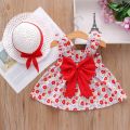 New Girls Dress 2024 Summer Kids Clothes Girl Children's Lace Sleeveless Solid Color Big Bow with Hat Floral Slip Dress.