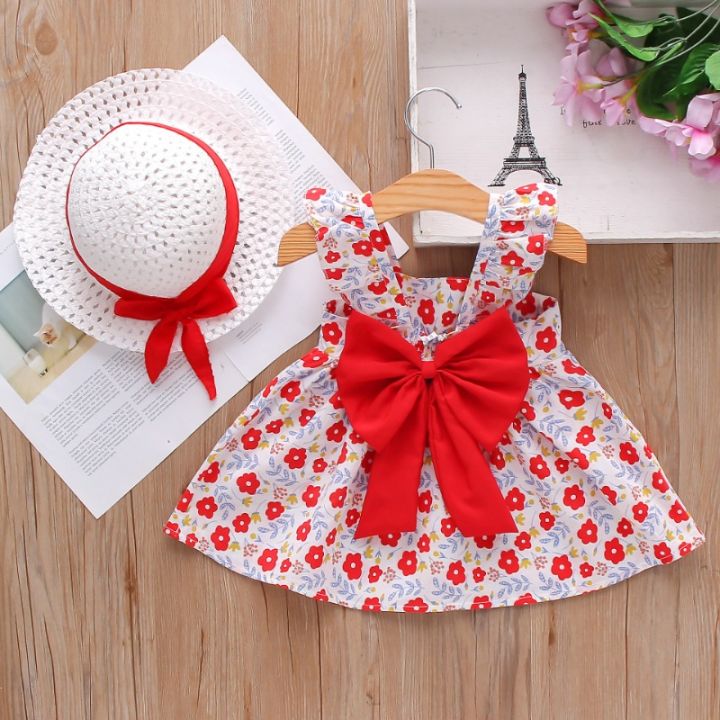 New Girls Dress 2024 Summer Kids Clothes Girl Children's Lace Sleeveless Solid Color Big Bow with Hat Floral Slip Dress
