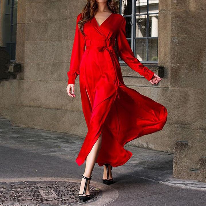 Fashion%20Women's%20Elegant%20Solid%20Color%20Banquet%20Evening%20Dress%20Spring%20And%20Autumn%20Deep%20V-Neck%20Stitching%20Slit%20Irregular%20Long%20Dress%20-%20Image%203