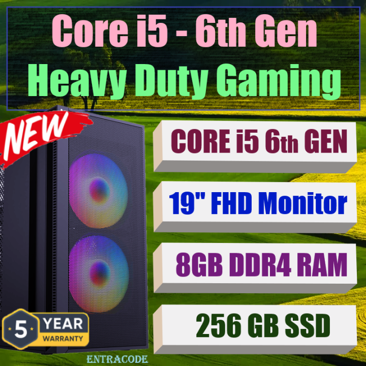 Heavy Duty Gaming Desktop PC with Core i5-6th Gen, 8GB DDR4, 256GB SSD, 19" FHD Monitor, Windows 11, RGB Lighting, New - 5-Year Warranty