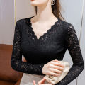 Women's Lace Bottoming Shirt2023Spring Slim Fit Inner Wear Small Shirt with Lace plus Velvet off-Shoulderv-Neck Top. 