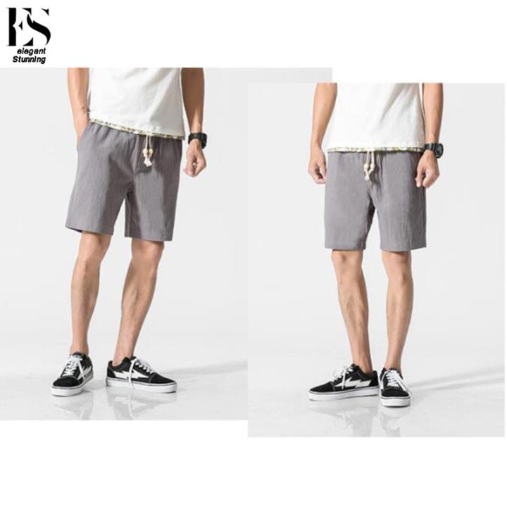 elegantstunning Men Shorts Solid Color Cotton And Linen Loose