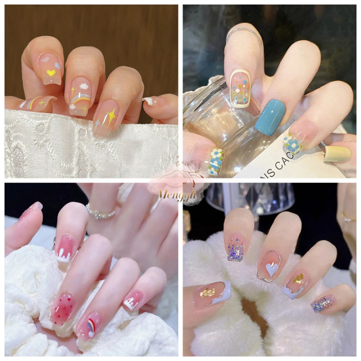 Menggh 24pcs With Glue Fake nails cute pattern False nails With Design press on nails Artificial nails Full Cover water proof nail art