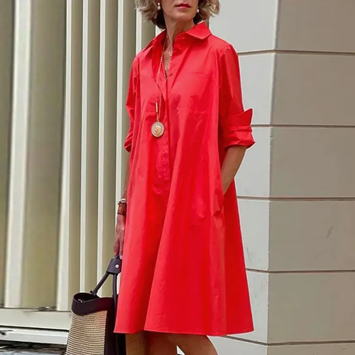 Women%20Simple%20Shirt%20Dress%20Summer%20Vintage%20Elegant%20Solid%20Pocket%20Long%20Sleeves%20Midi%20Dresses%20Female%20Turn-down%20Collar%20Dresses%20Vestidos%20-%20Image%203