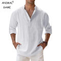 New Men's Cotton Shirts Linen Casual Long Sleeve Button Down Shirt Band Collar Loose Tops M-5XL. 