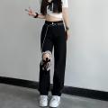 Black Lace Up Ripped High Waisted Jeans Korean Fashion Vibe Style Denim Trousers Streetwear Y2k Jeans Women Baggy Wide Leg Pants. 
