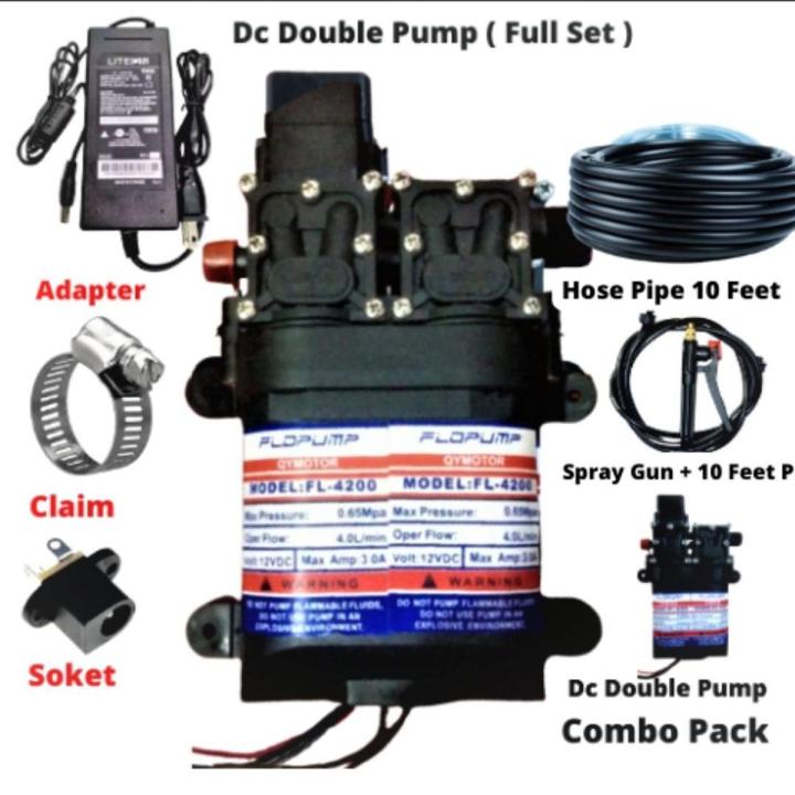Flupump High pressure double motor water pump Full Set for bike, car, vehicle wash and garden and agriculture for spray irrigation & Medicine Spray double motor double speed Full set Flu  Double Pump Power Adapter, 10 Feet Pipe, Spray Gun, clam, Socket