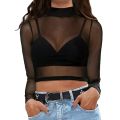 Transparent Mesh Tops Women Blouse T Shirt See Through Long Sleeve Sheer Slim Turtleneck Shirts Crop Tops for Women Tunics.