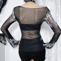 【Best value for money】 Goth Lace Mesh See Through Long Sleeve T-Shirts Y2K Pearl Print Off Shoulder Slim Tops Women Summer New Fashion Tees.