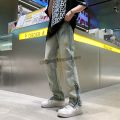 Side Slit Zipper Pierced Jeans Men's Straight Tube Micro Flared Pants Autumn American High Street Vibe Fashion Zipper Hem Jeans. 