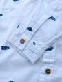 Baby Boy Dress Set: White Printed Full Sleeve Shirt and Navy Blue Pant with Dungarees.