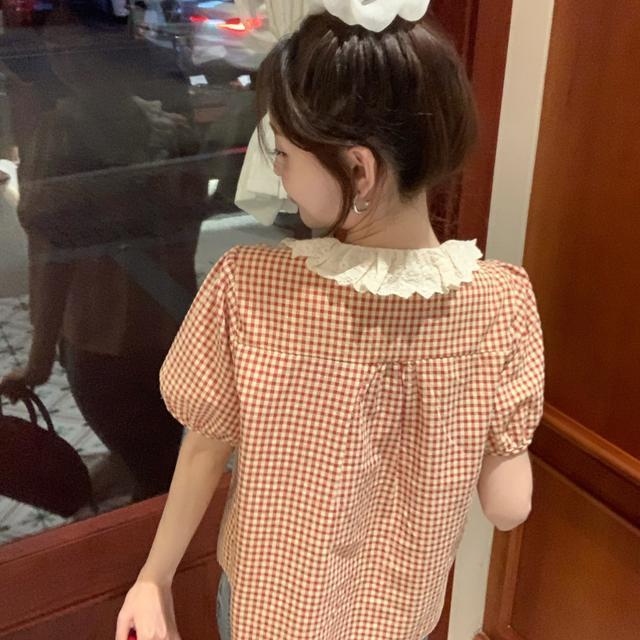 Shirt%20Women's%20Summer%20New%20Korean%20Style%20Versatile%20Sweet%20Style%20Lace%20Doll%20Stitching%20Plaid%20Slimming%20Short%20Sleeve%20Top%20-%20Image%206