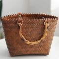 Women's Rattan-like Straw Bag Handmade Women's Woven Bag Vintage Bamboo-like Handle Handbag. 