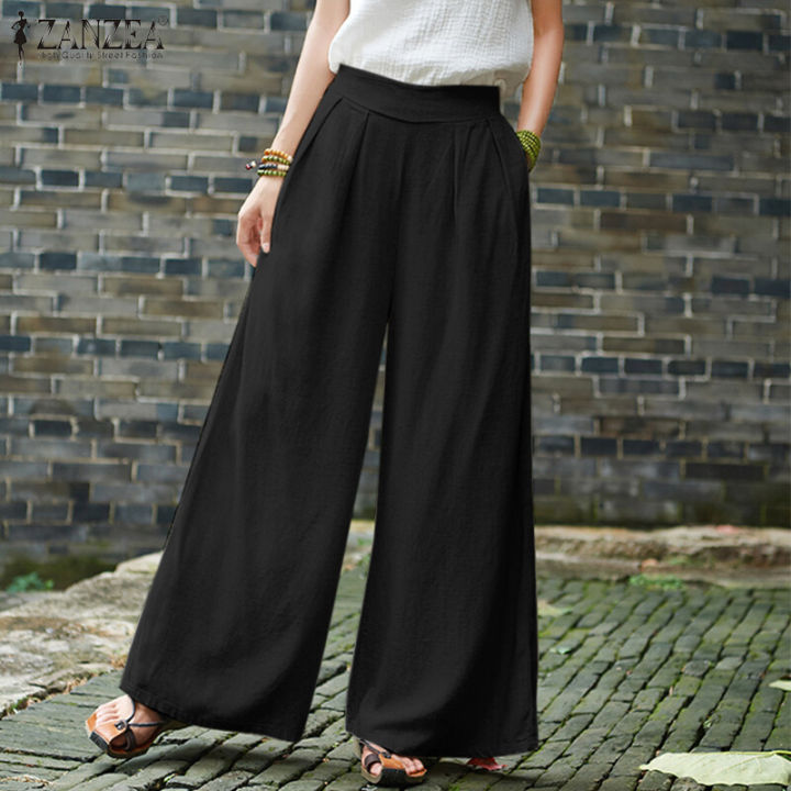 ZANZEA%20Women%20Cotton%20Linen%20Wide%20Leg%20Long%20Pants%20Solid%20Elastic%20Waist%20Loose%20Casual%20Trousers%20-%20Image%203