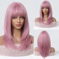 Medium Length Pink Layered Synthetic Wigs with Bangs Colorful Hair Pink Straight Wig for Cosplay Party Heat Resistant Fiber. 