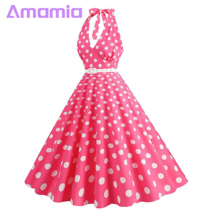 ball print dress design Lady Ball Gown Vintage A-line Midi Dress with Belt Halter Neck for Party  Wedding Prom Retro Style High Waist Sleeveless Lace-up Dot Print Contrast  Color Women's Summer Fashion Women Printed Dress |