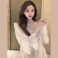 Ruffled Chiffon Shirt for Women Spring and Autumn New French Style Large Size Loose Slimming Slim-Fit Younger V Collar Pullover Top.