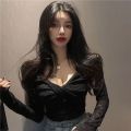 Autumn and Winter New Korean Style Slim-Fit Slimming Temperament V Collar Long Sleeve T T-shirt Women's Sexy Lace Inner Match Bottoming Shirt Trendy Top.